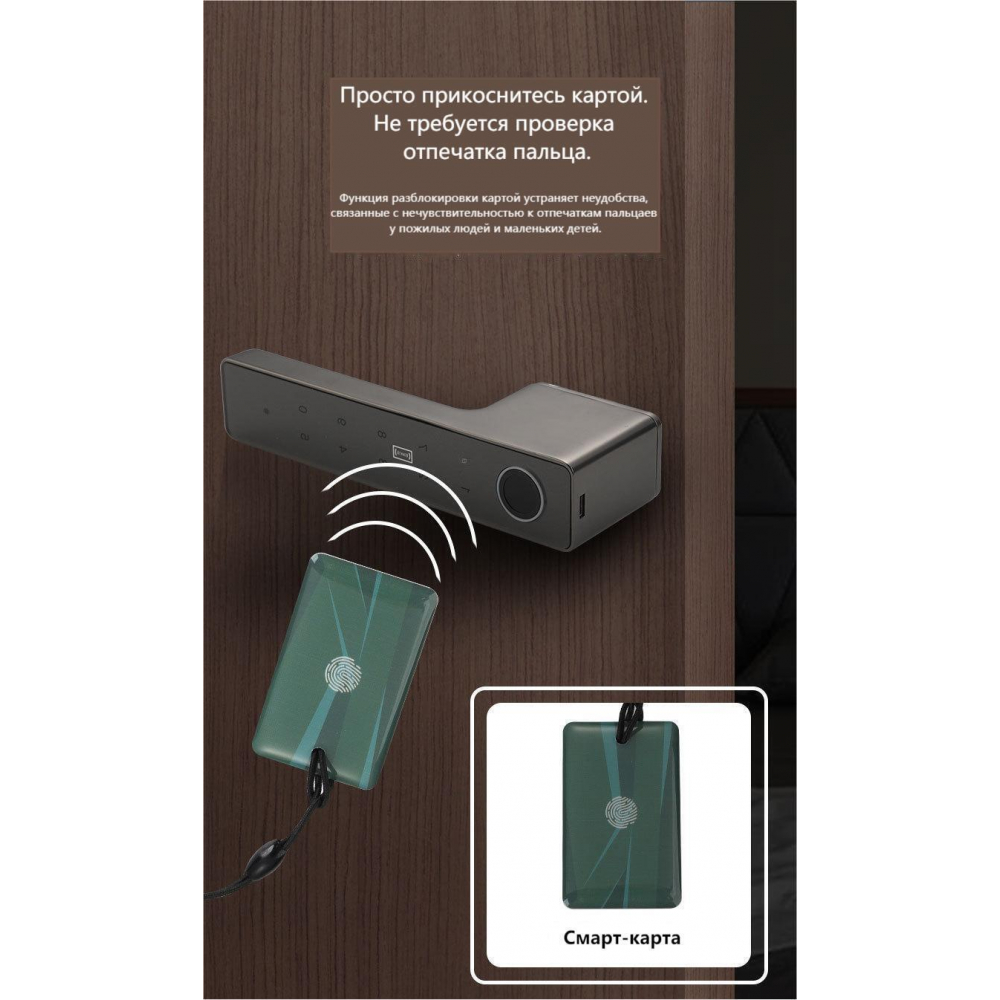 Умная дверная ручка-замок Smart 01 Black с отпечатком пальца и поддержкой Smart Life